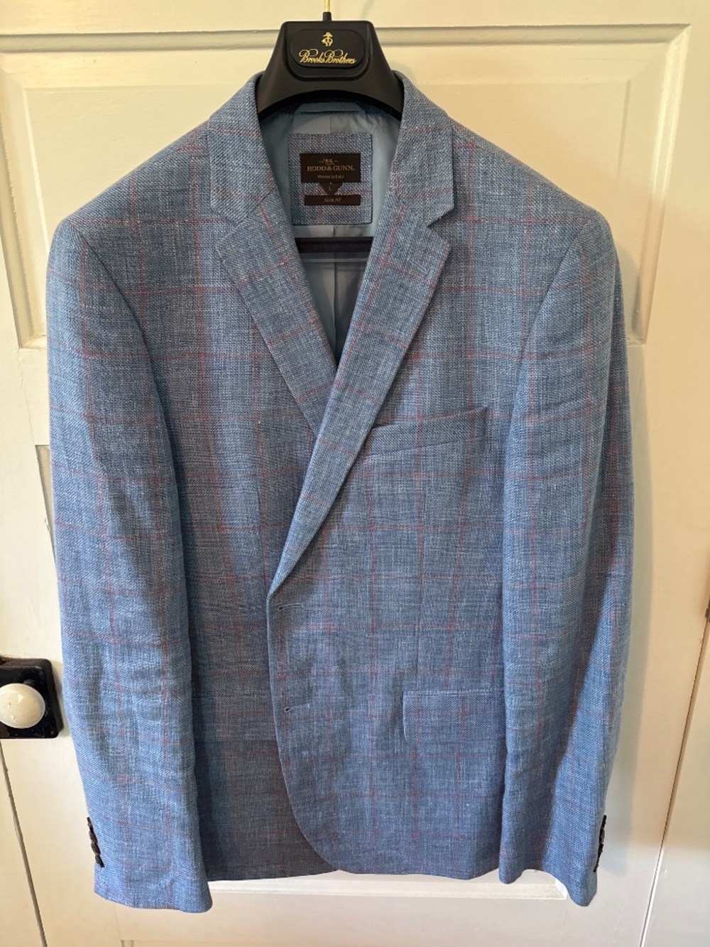 Rodd & Gunn Men’s Sport Coat – Size L Slim – Linen Blend Blue Windowpane Blazer